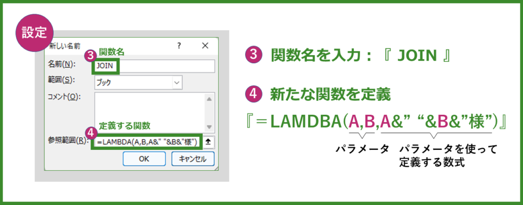 関数名とLAMBDAを使った文字列結合の関数を定義